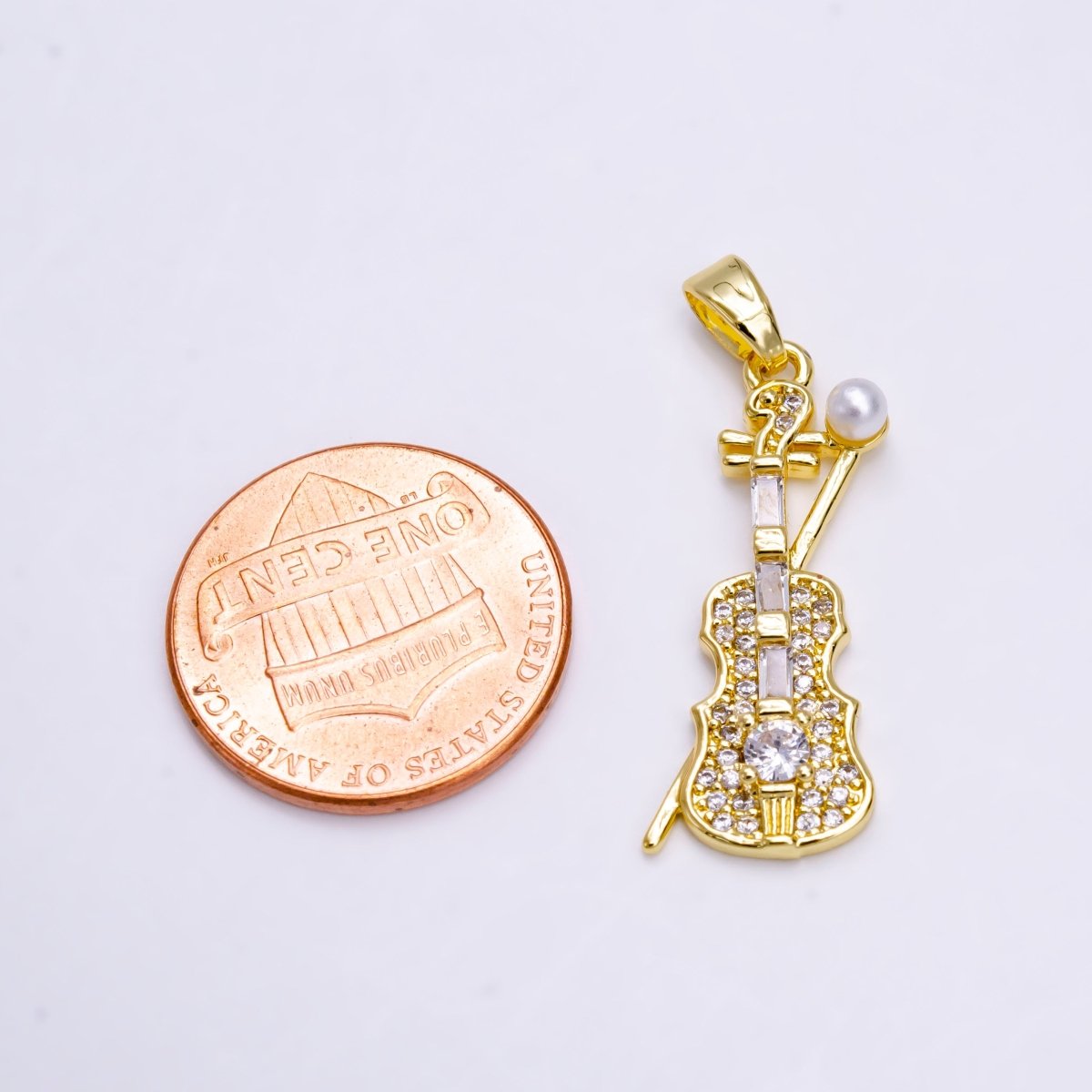 14K Gold-Filled 31.4mm Violin Music Instrument Pearl Clear Baguette Micro Pave CZ Pendant