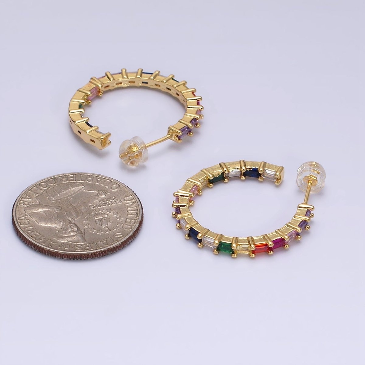 16K Gold Filled 25mm CZ Multicolor Baguette Lined Front-Facing C-Shaped Hoop Earrings