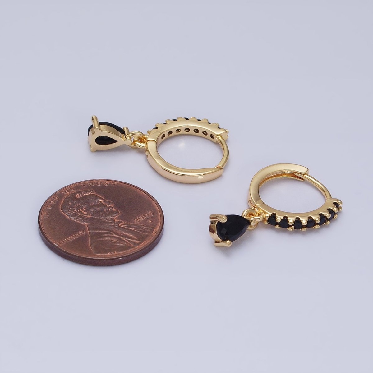 16K Gold Filled Black CZ Teardrop Micro Paved Huggie Earrings in Gold & Silver