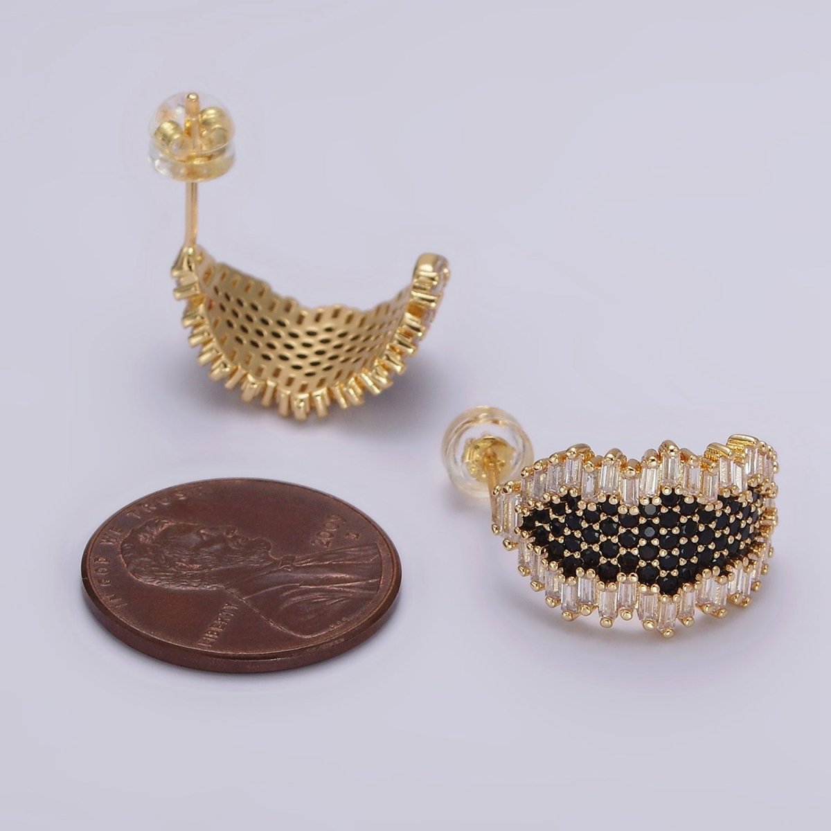 Beautiful 16K Gold Filled Black Micro Paved CZ Baguette Abstract C-Shaped Hoop Earring