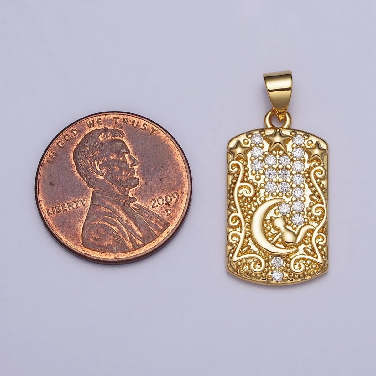 Gold-Filled Cat Animal Celestial Crescent Moon Clear CZ Micro Pave Rectangular Tag Pendant