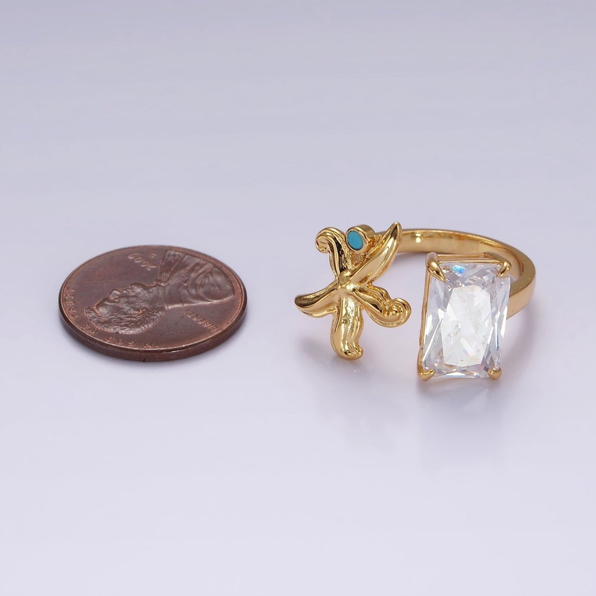16K Gold Filled Clear Baguette CZ Turquoise Starfish Open Ring