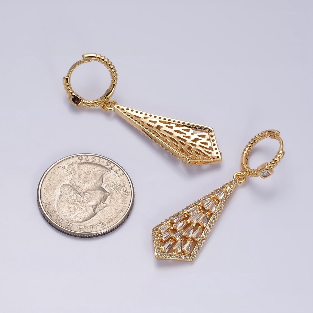 16K Gold Filled Clear Baguette Geometric Drop Twisted Square CZ Huggie Earrings in Gold & Silver