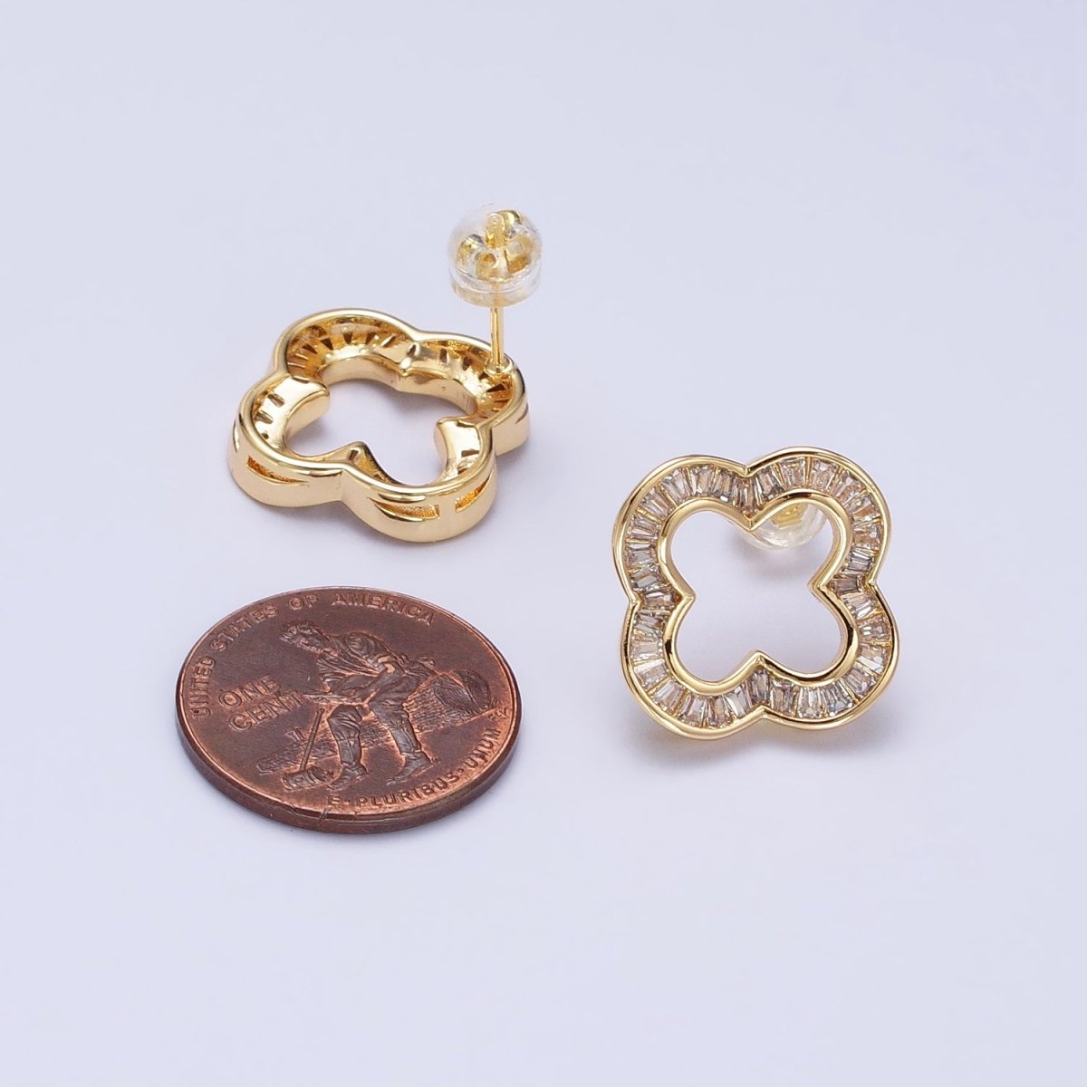 Gorgeous Everyday Gold-Filled Clear Baguette Open Quatrefoil Clover Stud Earrings in Gold or Silver