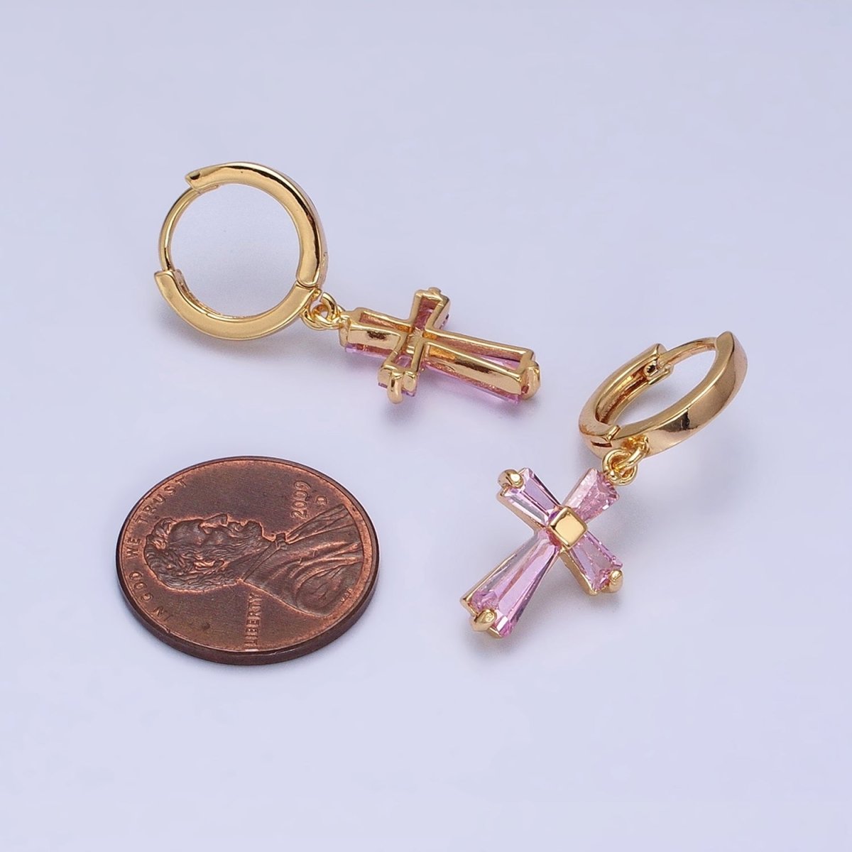 16K Gold Filled Clear or Pink CZ Baguette Religious Latin Cross Drop Huggie Earrings in Gold & Silver