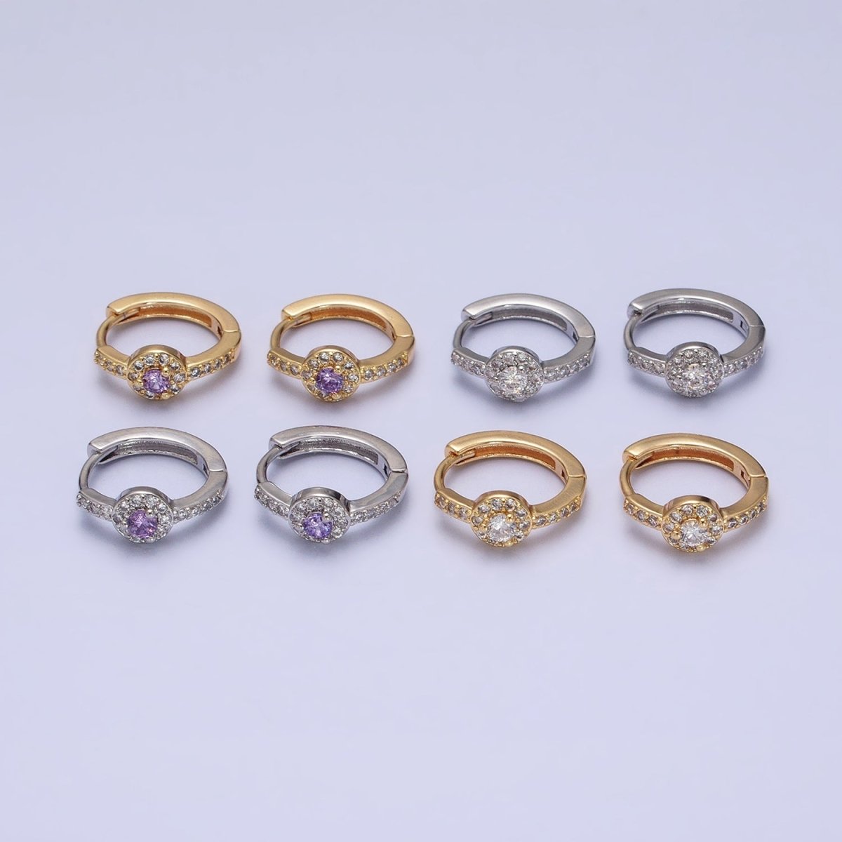 16K Gold Filled Clear, Purple Round CZ Micro Paved 13mm Huggie Earrings in Gold or Silver