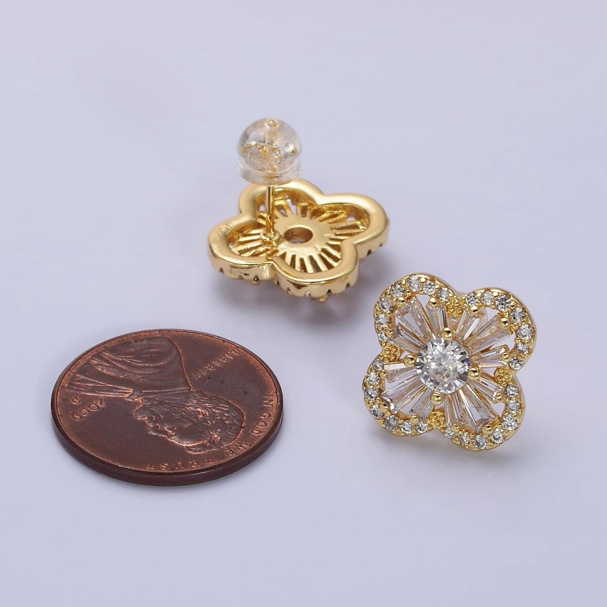 Gorgeous Gold-Filled Clover Quatrefoil Baguette Micro Pave CZ Stud Earrings in Gold or Silver