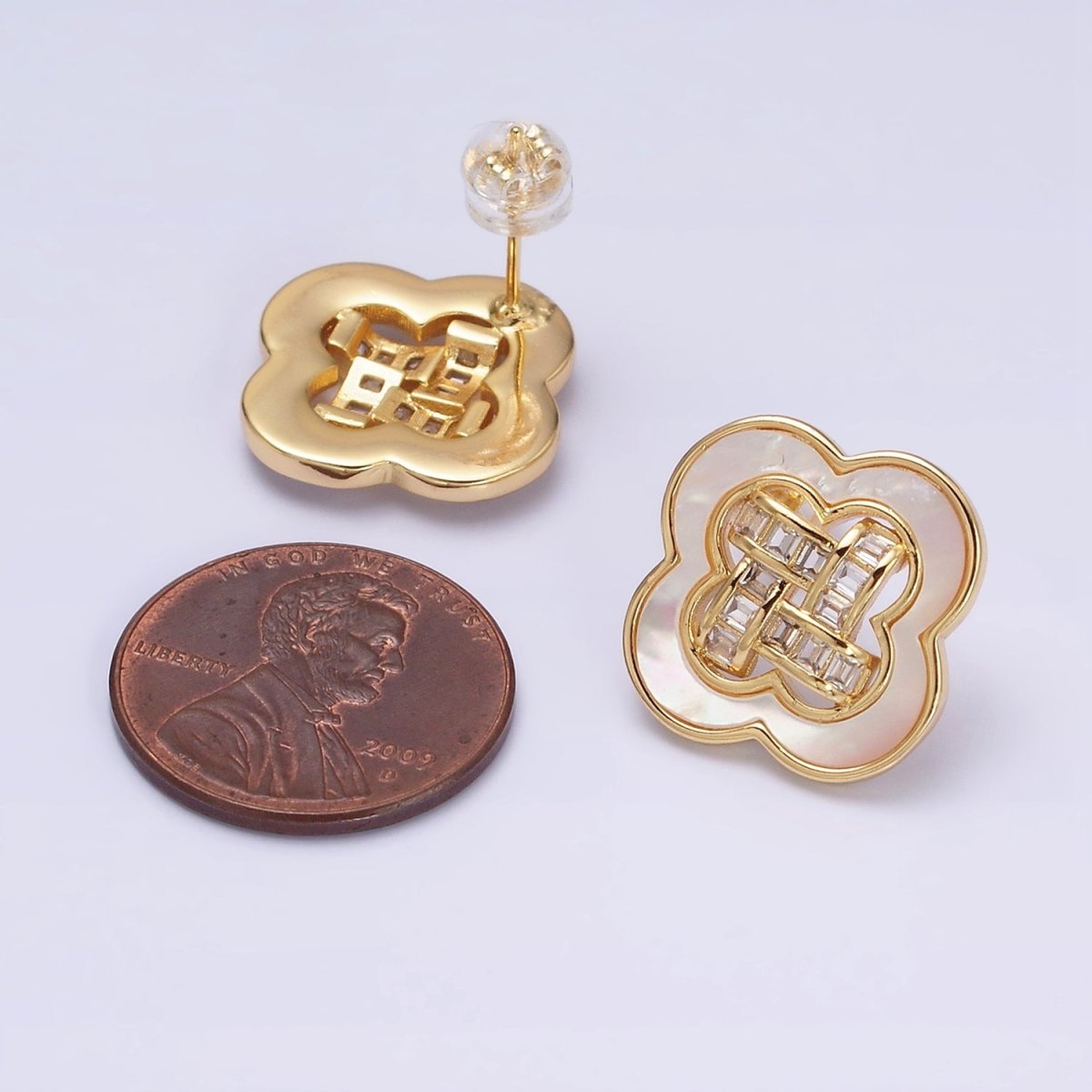 16K Gold Filled Clover Quatrefoil Shell Pearl Baguette Open Stud Earrings in Gold & Silver | AD1241 AD1242