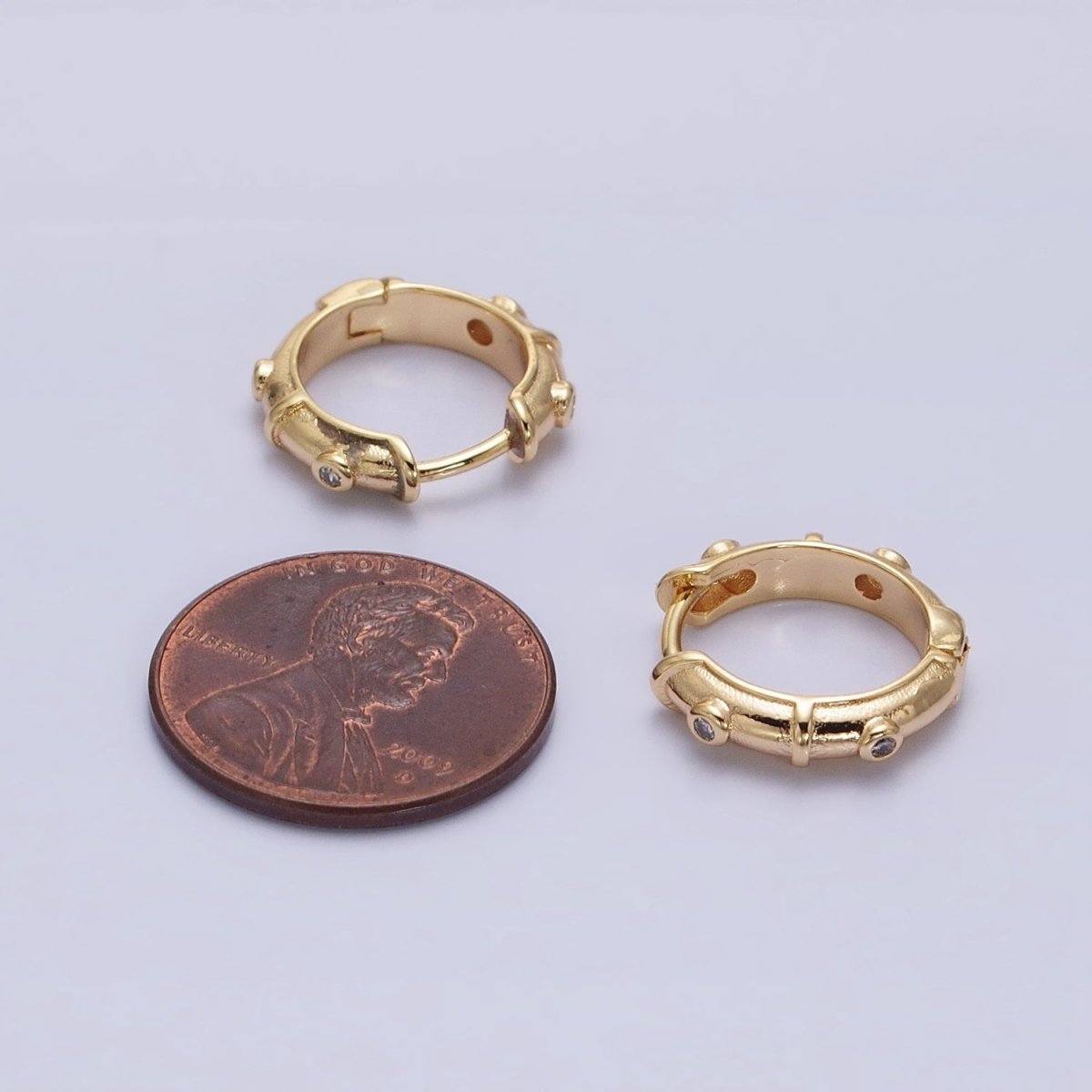 16K Gold Filled CZ Dotted 15mm Huggie Hoop Earrings in Gold & Silver