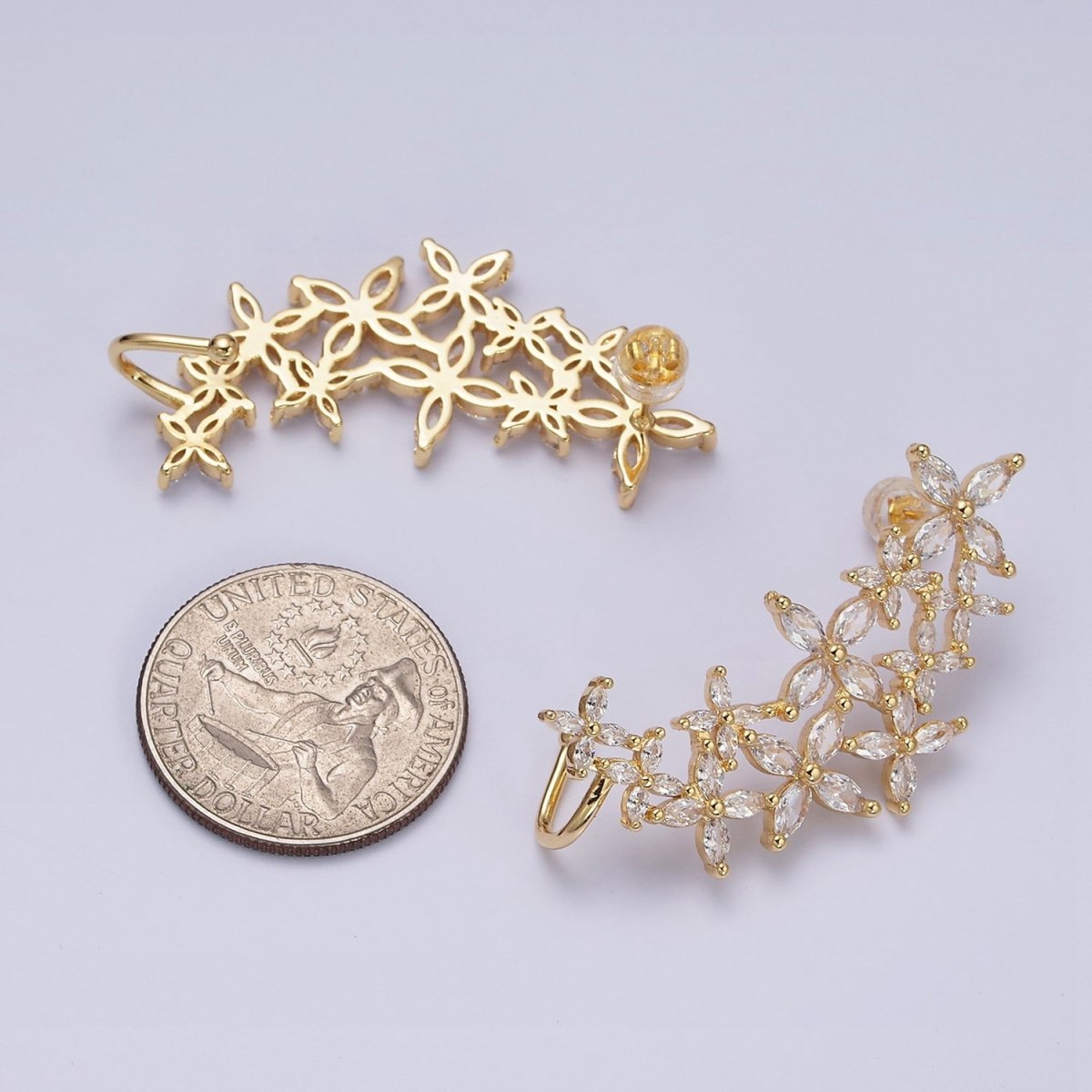 16K Gold Filled CZ Marquise Flower Butterfly Ear Cuff Stud Earrings in Gold & Silver