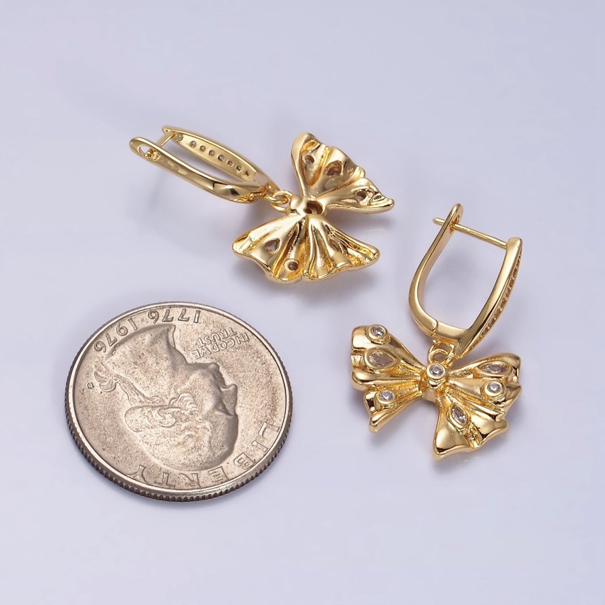 16K Gold Filled Dotted CZ Ribbon Drop Micro Paved English Lock Earrings in Gold & Silver