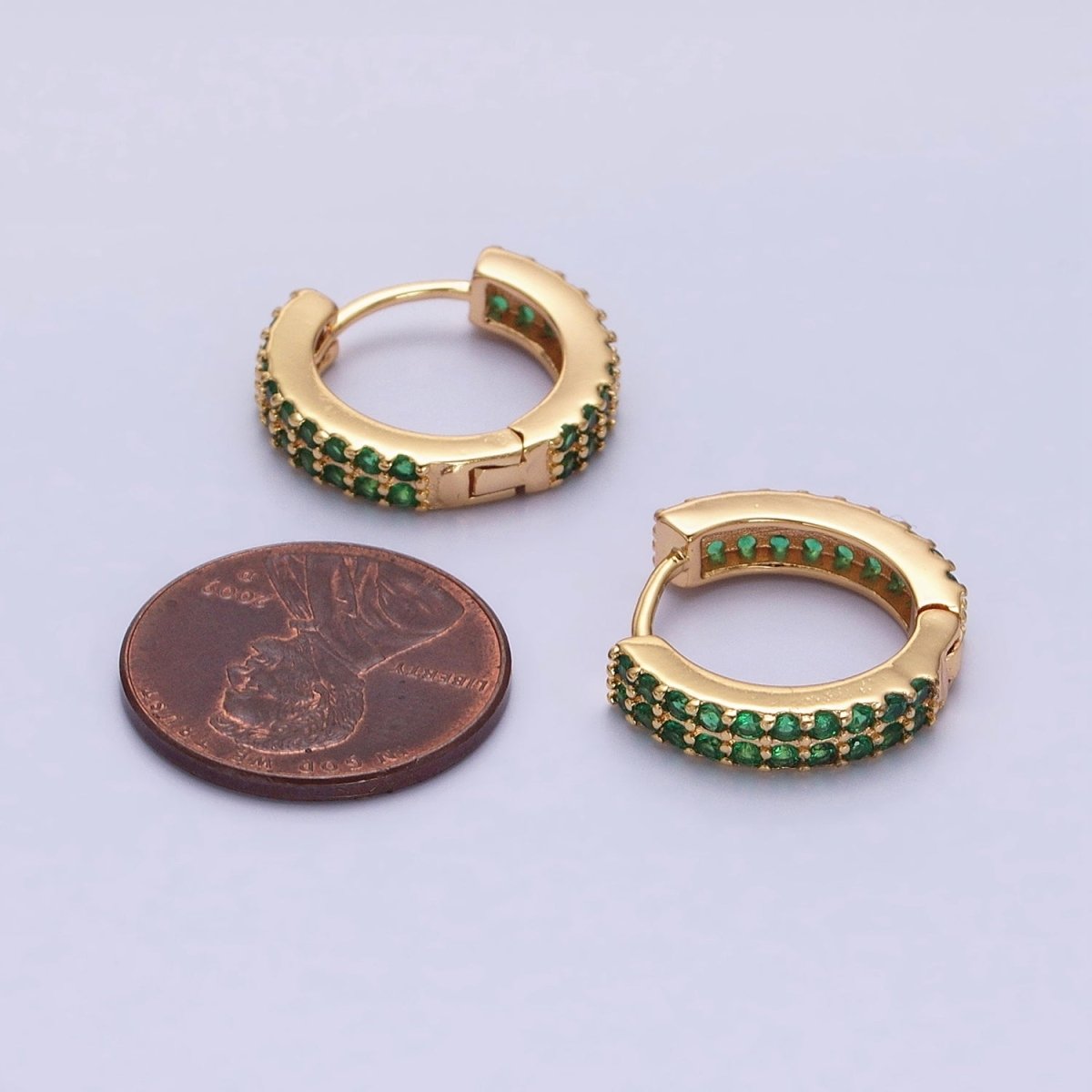 16K Gold Filled Double Green Micro Pave CZ 16mm Huggie Earrings in Gold & Silver