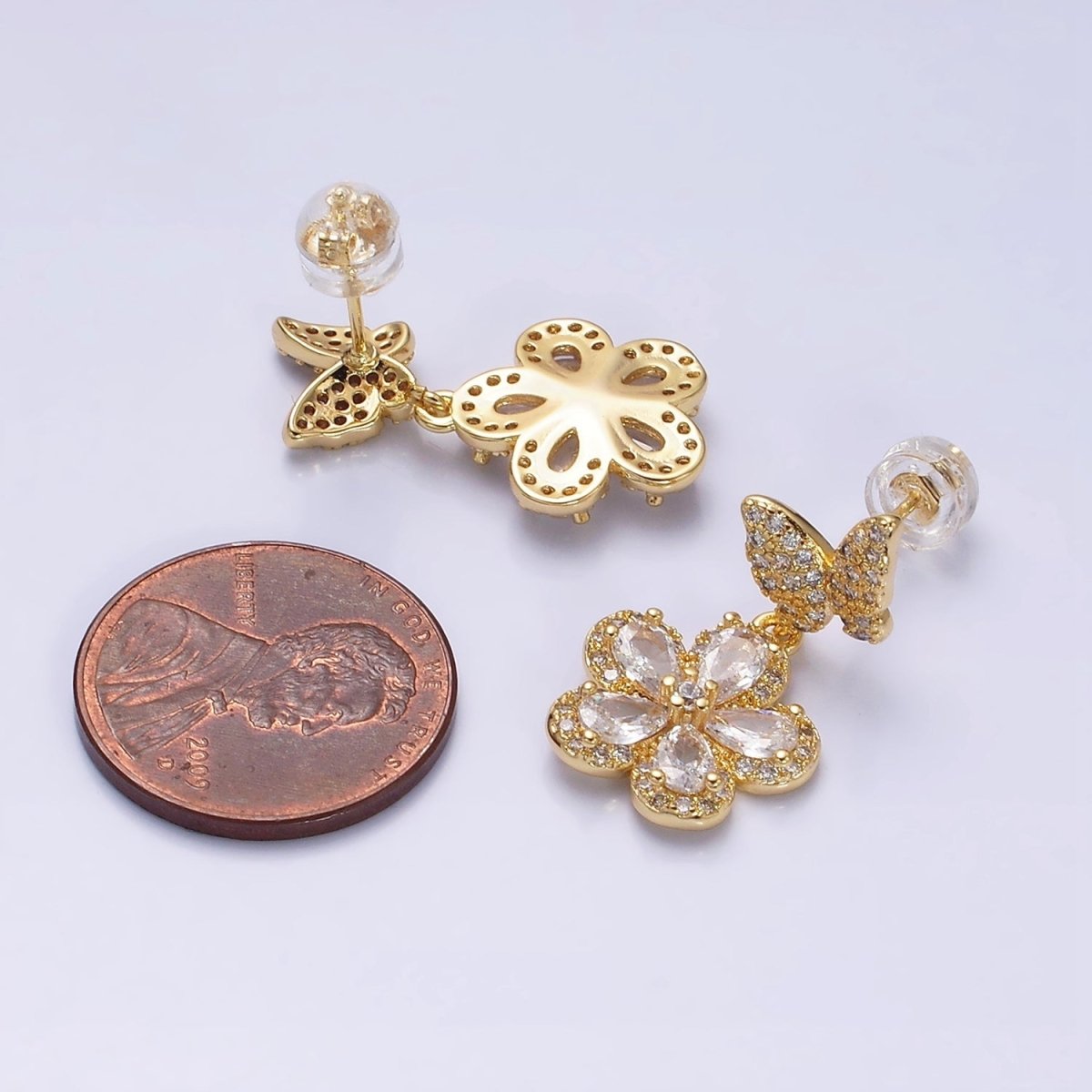 Sweet 16K Gold Filled Flower Butterfly Micro Pave CZ Drop Stud Earrings in Gold & Silver
