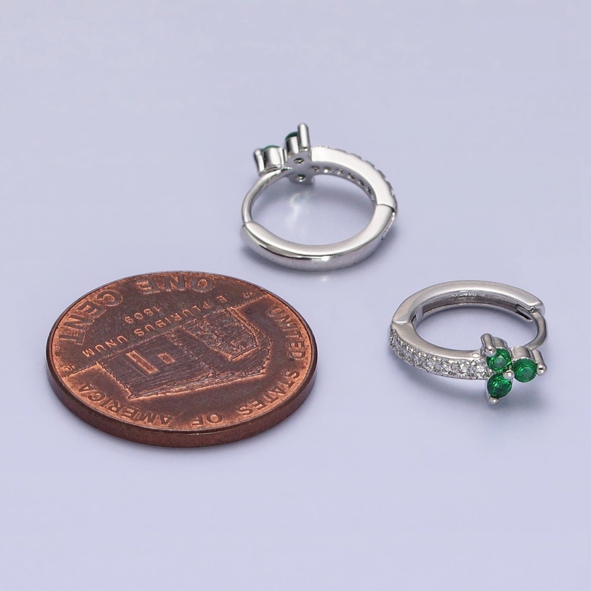 16K Gold Filled Green CZ Flower Arrow Lined 11mm Cartilage Huggie Earrings in Silver