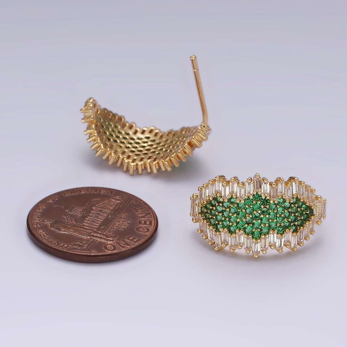 Beautiful 16K Gold Filled Green Micro Paved CZ Baguette Abstract C-Shaped Hoop Earrings