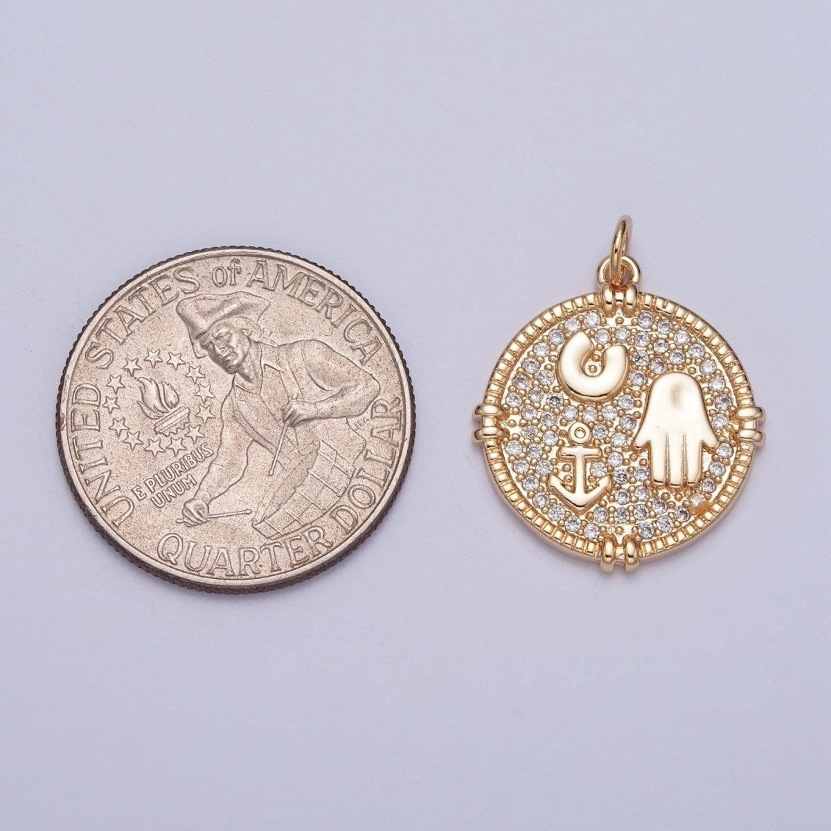 16K Gold Filled Hamsa Hand Horseshoe Anchor Micro Pave CZ Medallion Charm