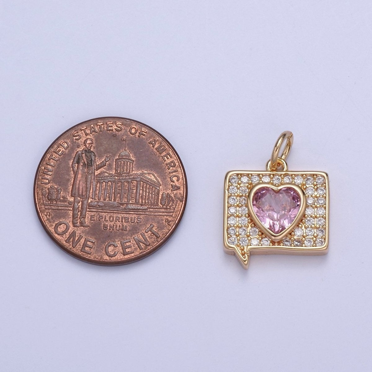 16K Gold Filled 17mm x 13mm Micro Pave Heart Message Emoji Charm Pink Heart Charm