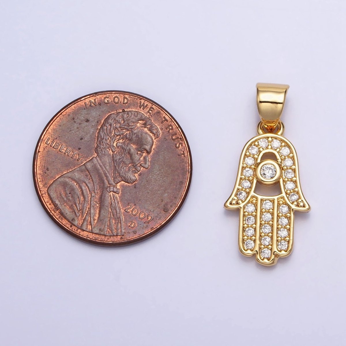 Gold-Filled 23mm Micro Pave Clear CZ Protection Hamsa Hand Evil Eye Pendant in Gold or Silver