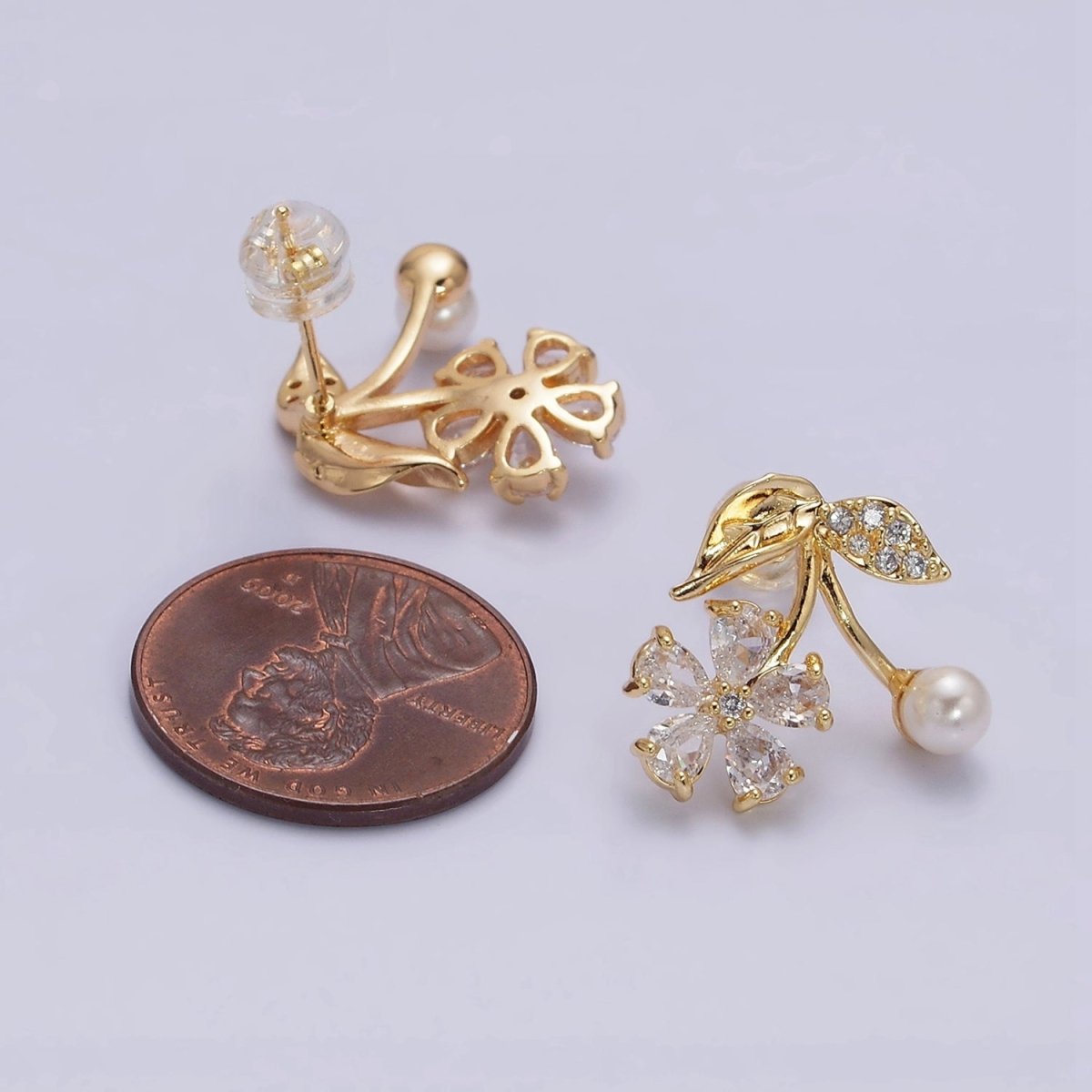 Dainty 16K Gold Filled Micro Pave Flower Clear Teardrop CZ Pearl Stud Earrings