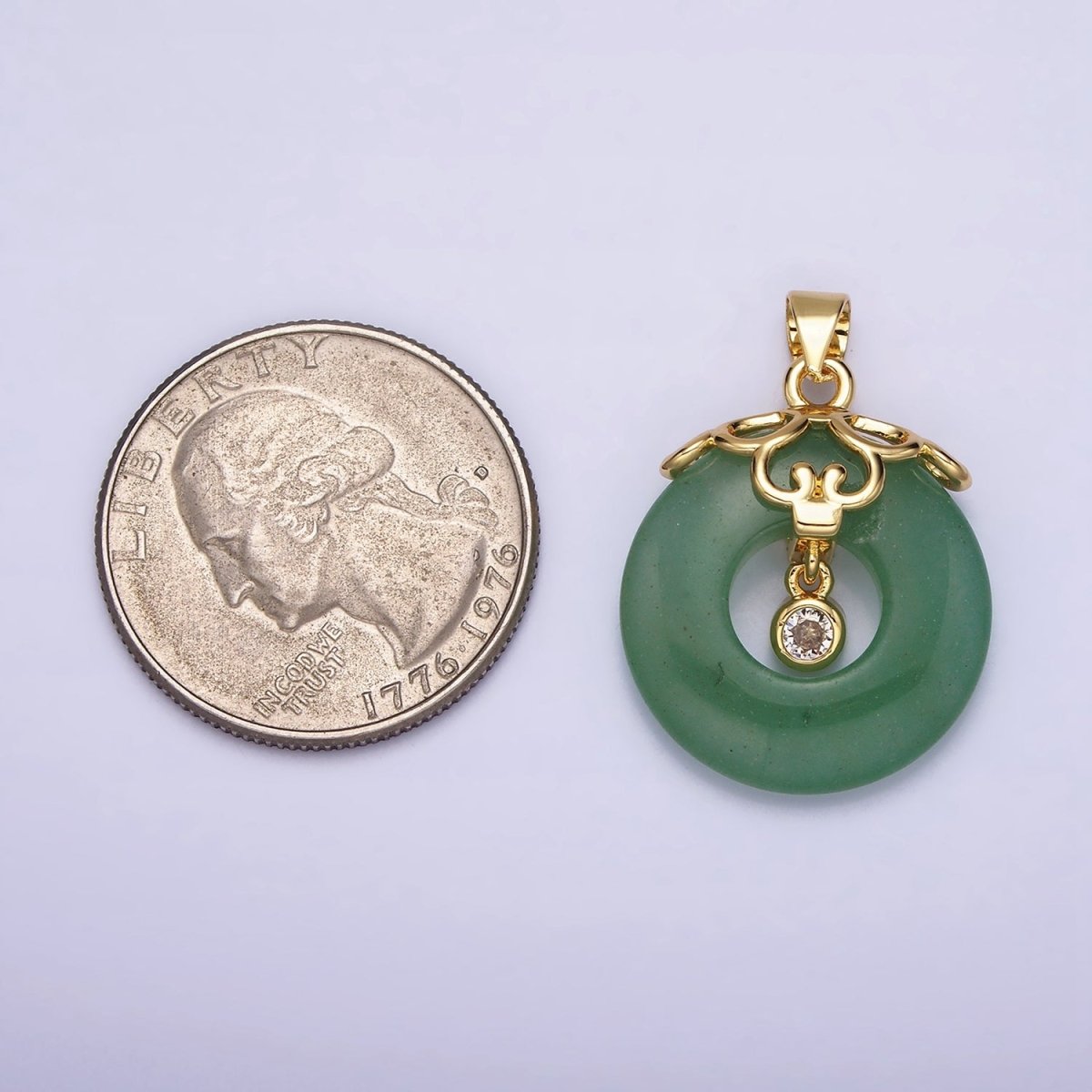 Lucky 29mm Gold-Filled Natural Green Jade Donut Artisan Frame Clear CZ Bezel Dangle Pendant