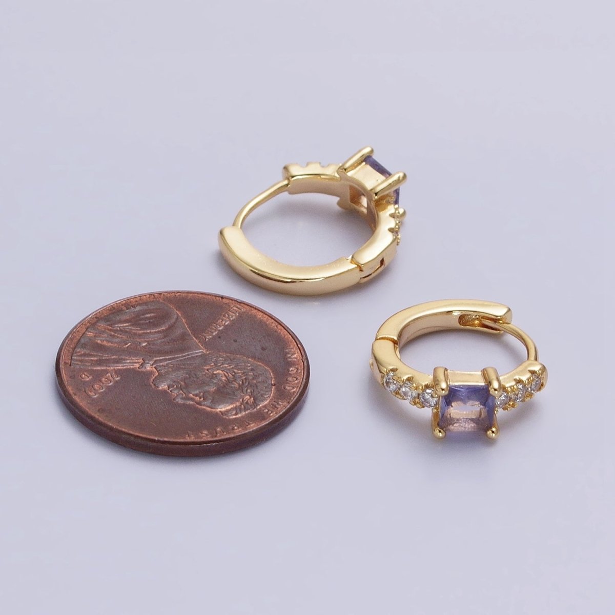16K Gold Filled Purple Square Micro Pave CZ 12.8mm Cartilage Huggie Earrings in Gold & Silver