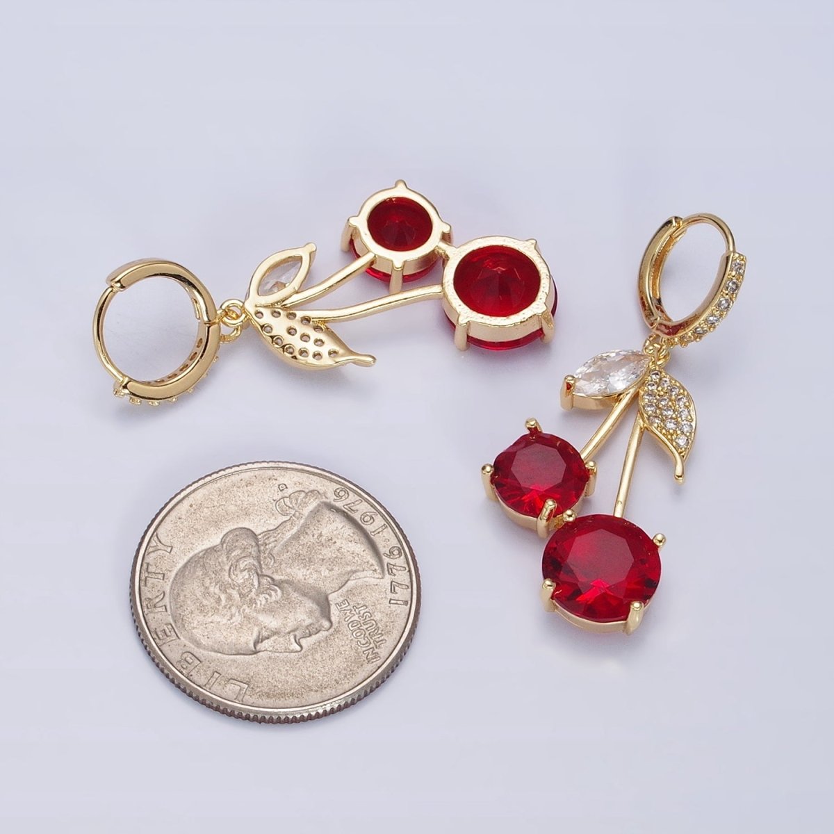 16K Gold Filled Red Cherry Fruit Drop Micro Pave Huggie Earrings in Gold & Silver