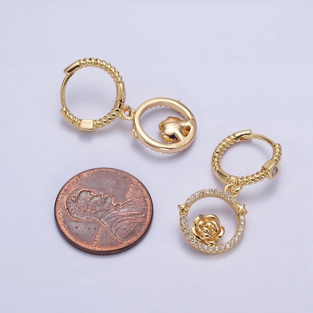 16K Gold Filled Rose Star Open Micro Pave Round Drop Twisted Square CZ Huggie Earrings in Gold & Silver