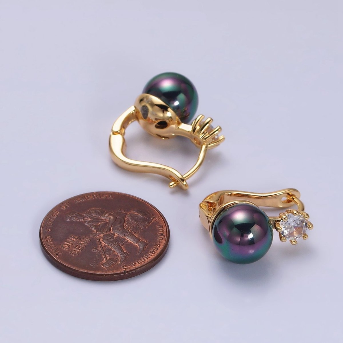 16K Gold Filled Round White or Black Pearl Clear CZ English Lock Earrings in Gold & Silver