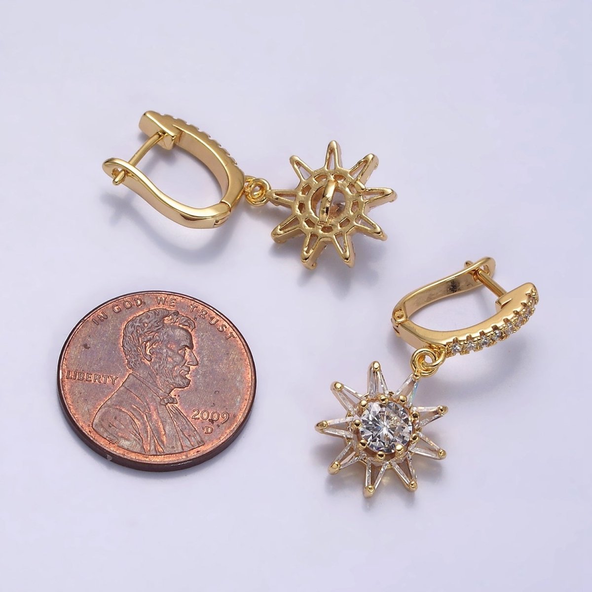 16K Gold Filled Sun Celestial Baguette Round Drop Micro Paved CZ English Lock Earrings in Gold & Silver