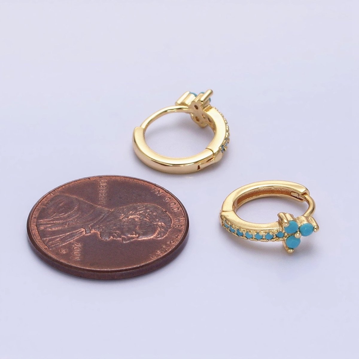 16K Gold Filled Turquoise Lined Arrow Triple Flower 11mm Cartilage Huggie Earrings in Gold & Silver