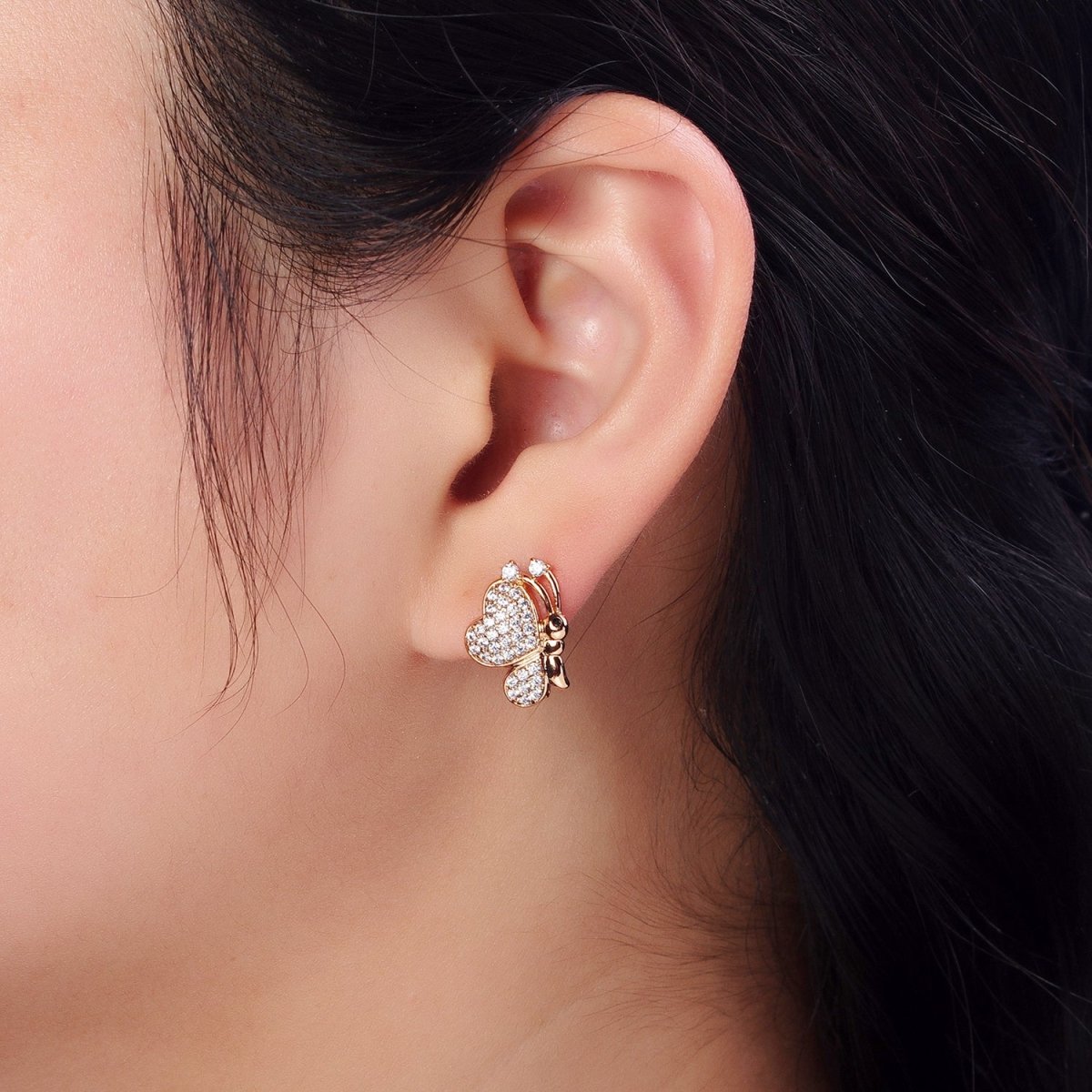 Beautiful 18K Gold Filled Clear CZ Butterfly Mariposa Micro Pave Stud Earrings