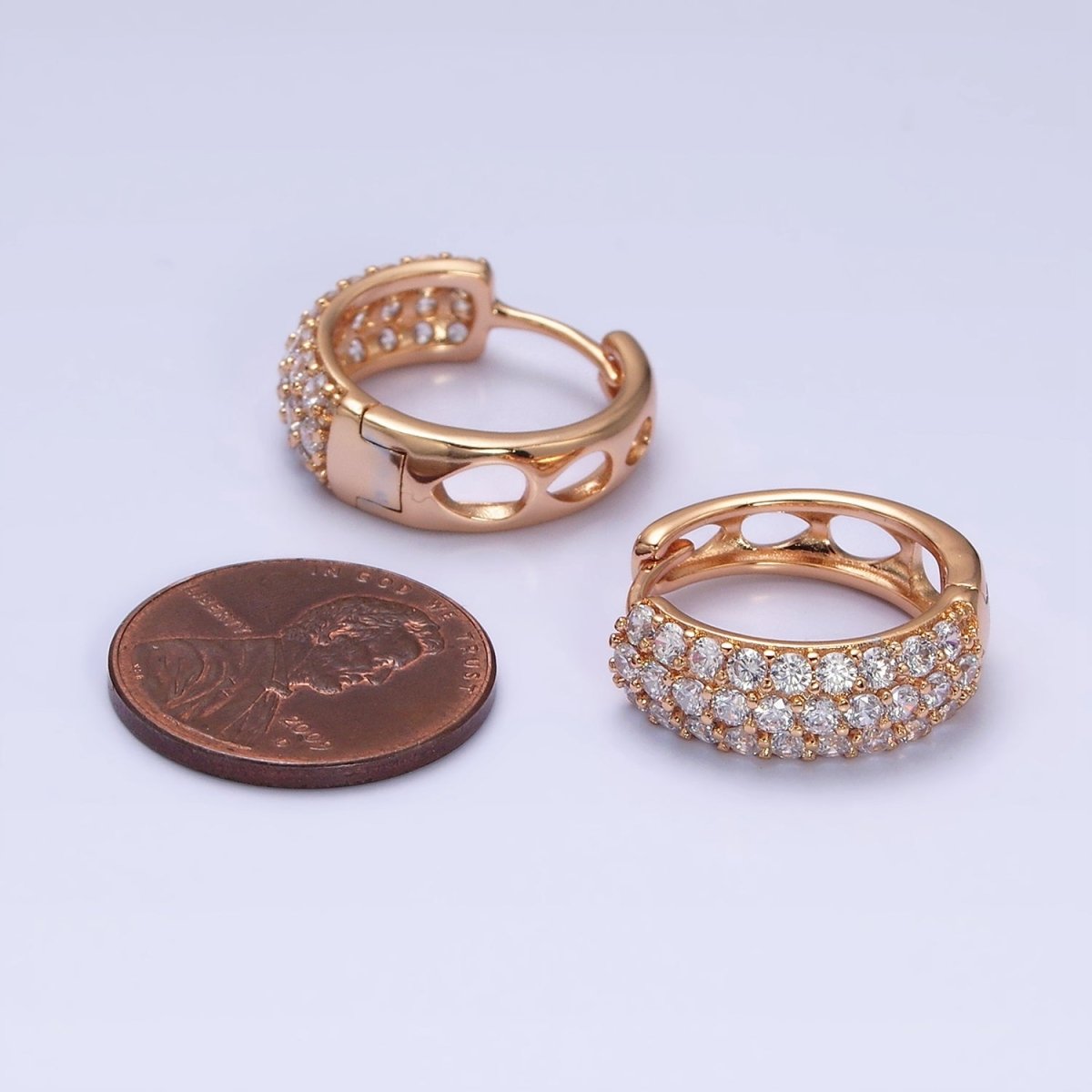 18K Gold Filled Clear CZ Triple Micro Paved Teardrop Filigree Huggie Hoop Earrings