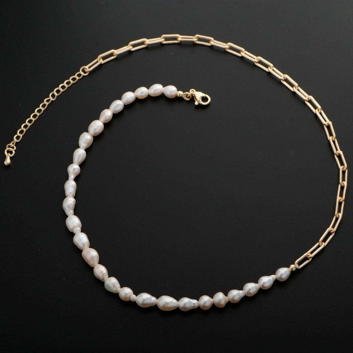 18K Gold Filled Freshwater Pearl Half Chain Necklace Paper Clip Link 16 inch + 2" extender Length Handmade Minimalist