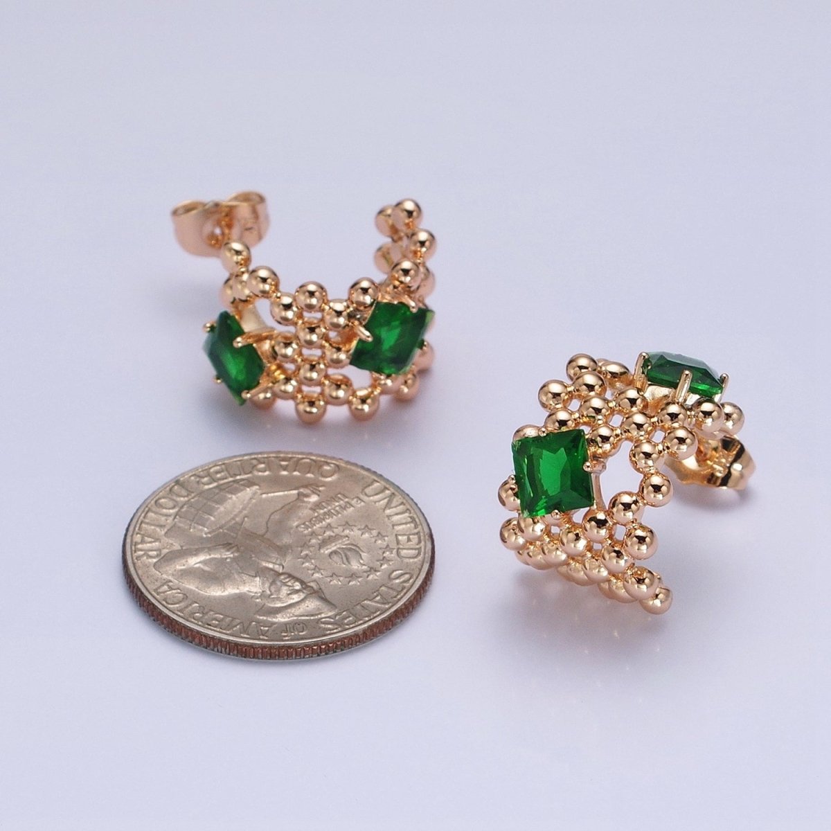 18K Gold Filled Purple, Clear, Green, Pink Square CZ Round Beaded Bubble C-Shaped Hoop Earrings
