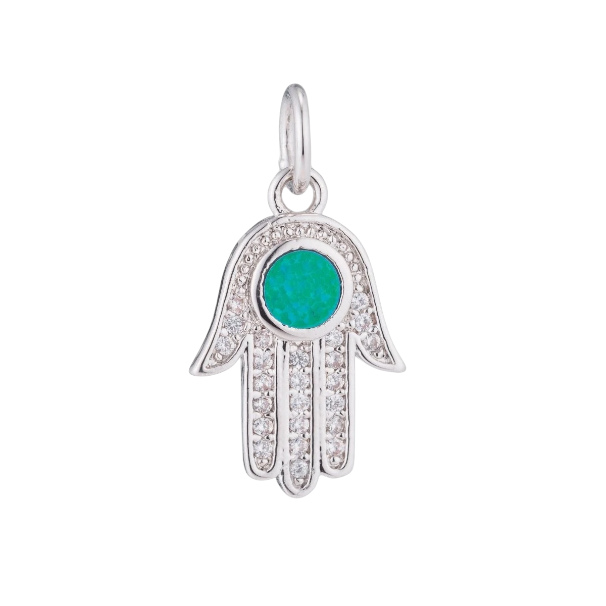 Hamsa Hand, Blue-Green Opal, Evil Eye, Lucky Charm, Peace Cubic Zirconia