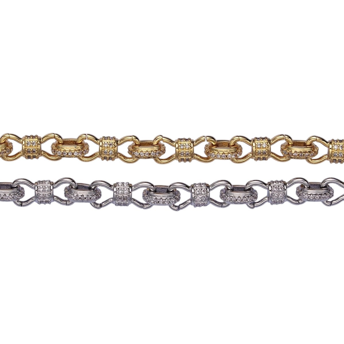 Unique 24K Gold Filled 6.5mm Half Micro Paved CZ Figure Eight Bow Cable Link 17 Inch Chain Necklace