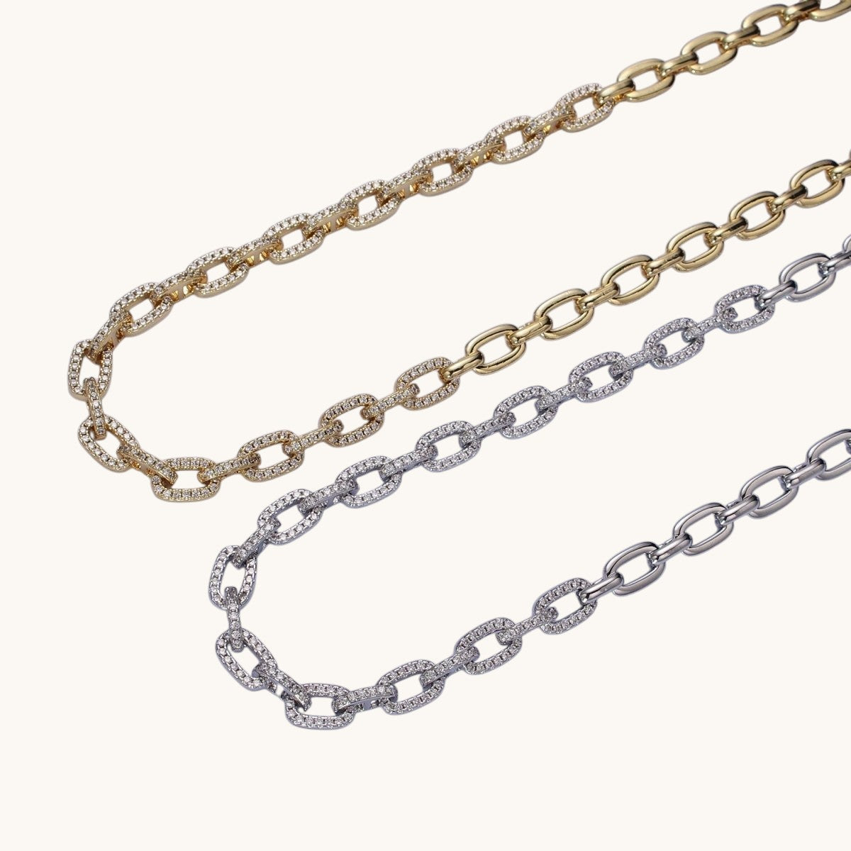 Gorgeous 24K Gold-Filled 6.5mm Half Micro Pave CZ Paperclip 17 Inch Chain Necklace in Gold or Silver
