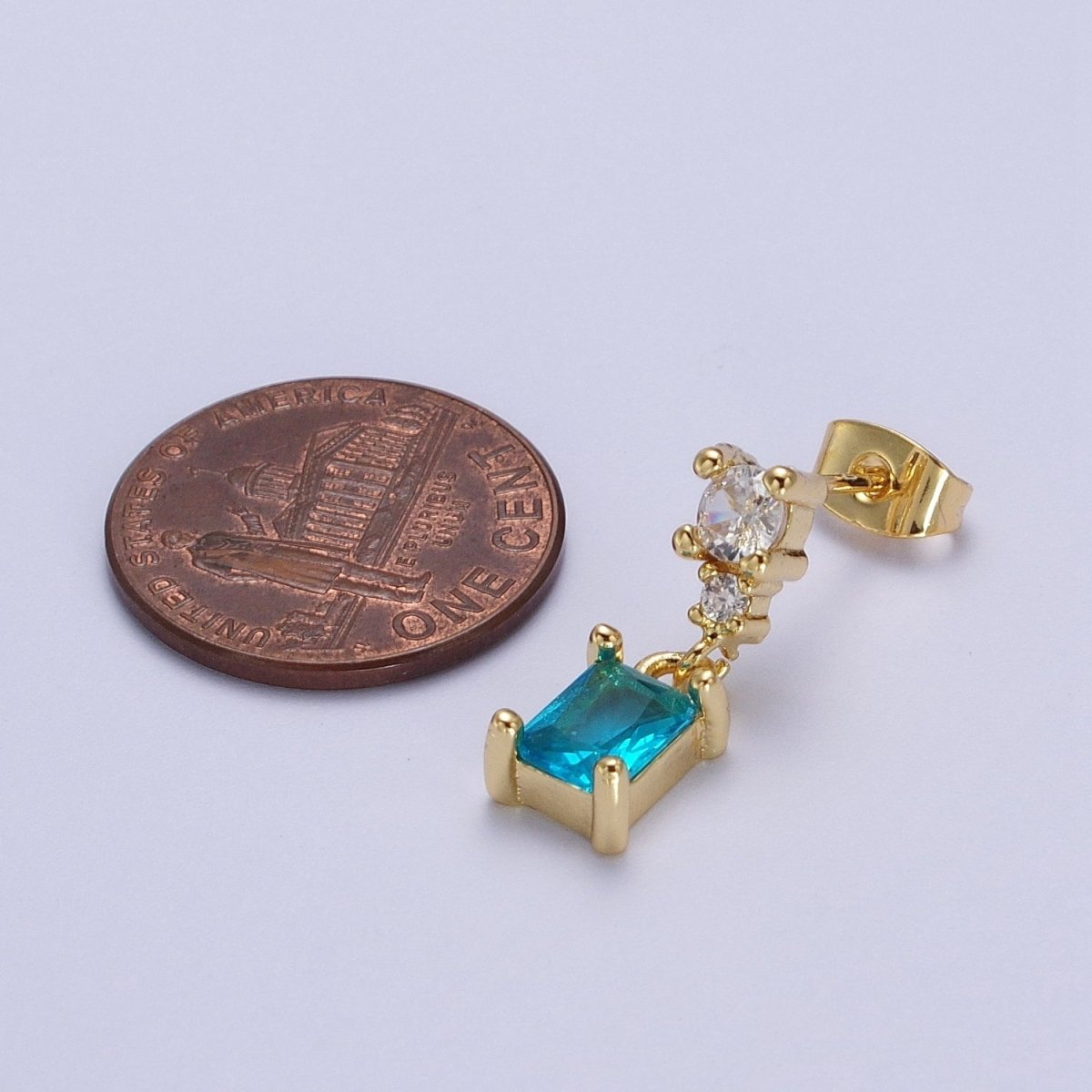 24K Gold Filled Aqua Blue Baguette Cubic Zirconia Dangle Drop Stud Earrings