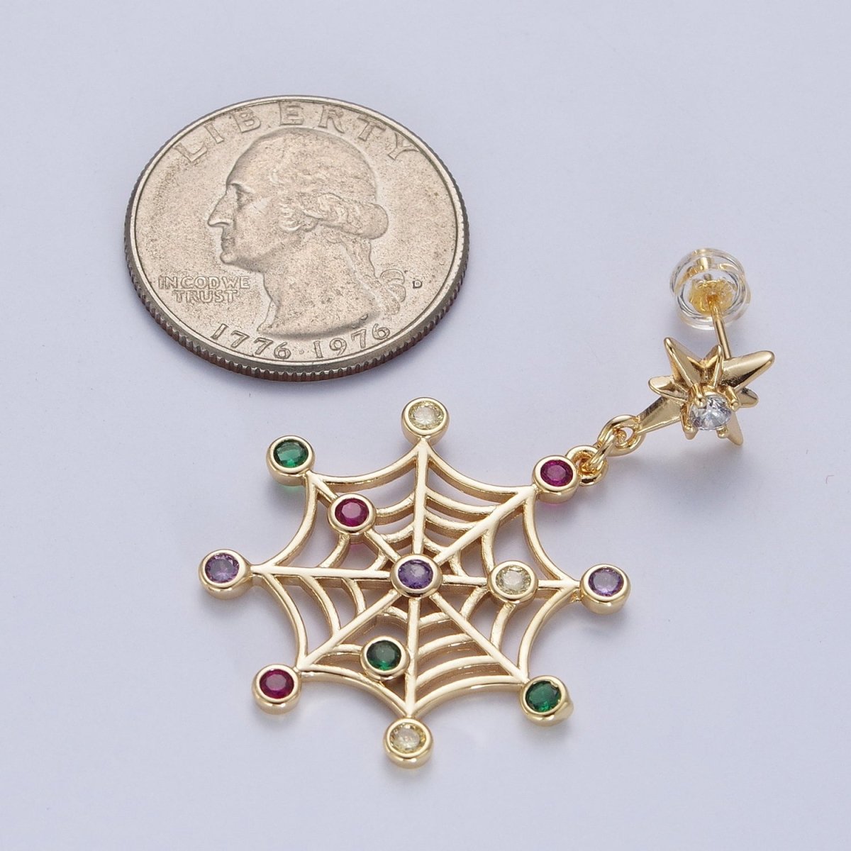 24K Gold Filled Celestial Star Stud with Multicolor Round Cubic Zirconia CZ Spiderweb Dangle Earrings