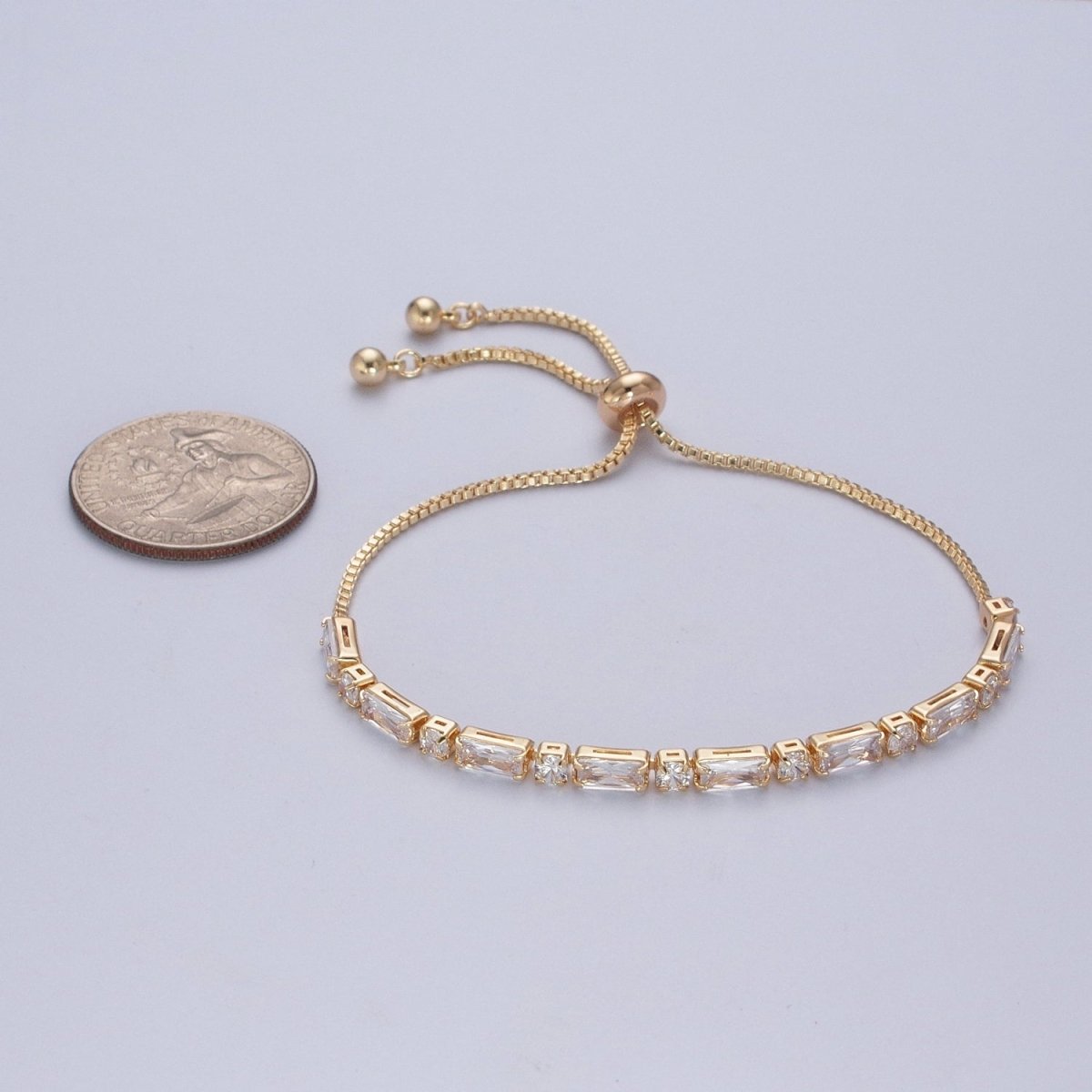 24K Gold Filled Clear Baguette Cubic Zirconia Adjustable Bolo Bracelet