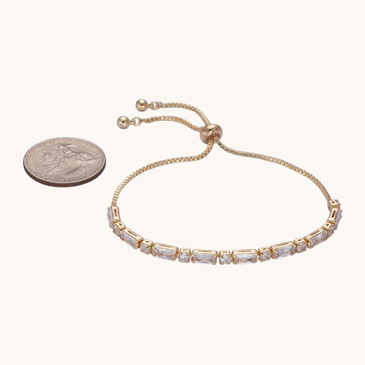 24K Gold Filled Clear Baguette Cubic Zirconia Adjustable Bolo Bracelet