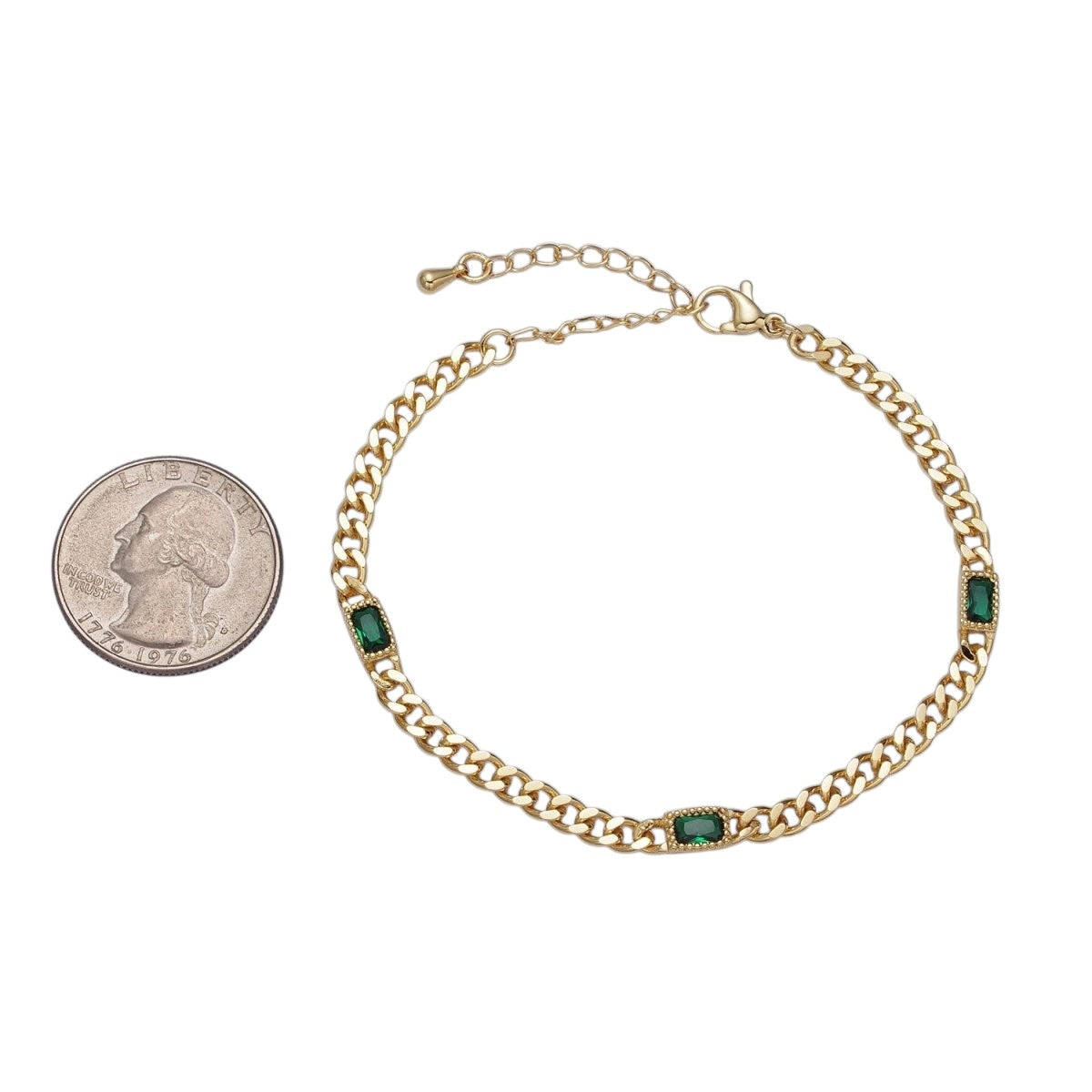 24K Gold Filled Clear, Green Baguette CZ 3.8mm Curb Chain Bracelet