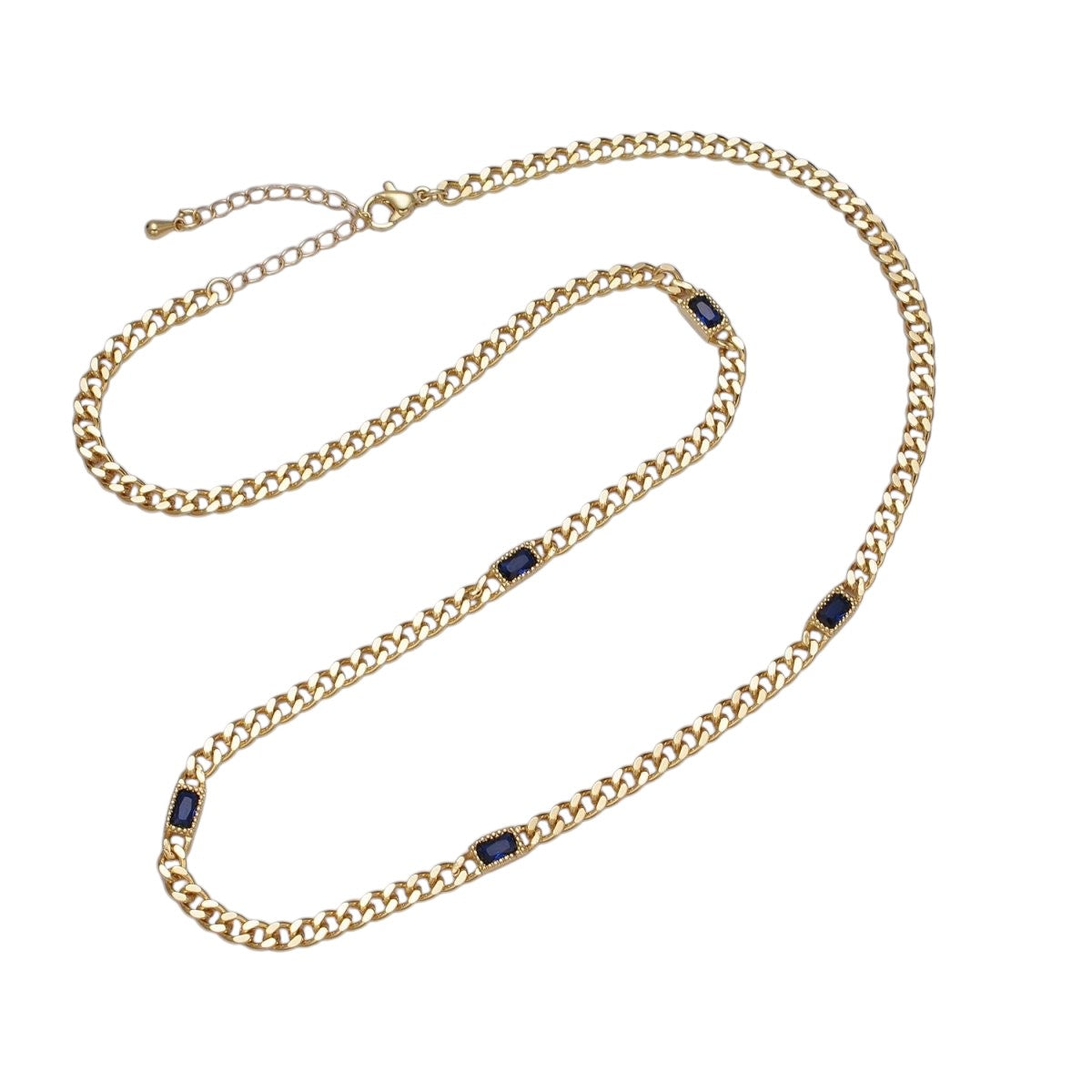 Beautiful 24K Gold Filled Clear, Green, Blue, Baguette CZ 3.8mm Curb Chain 19 Inch Necklace
