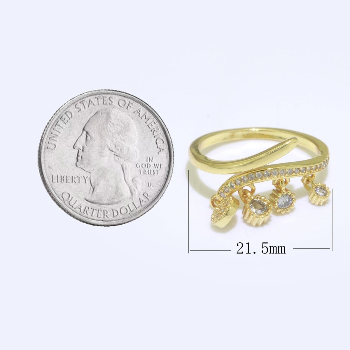 24k Gold Filled Dangling CZ Charm Ring - Sun Burst Ring - Open Adjustable Ring - Gold Dangle Charm Ring