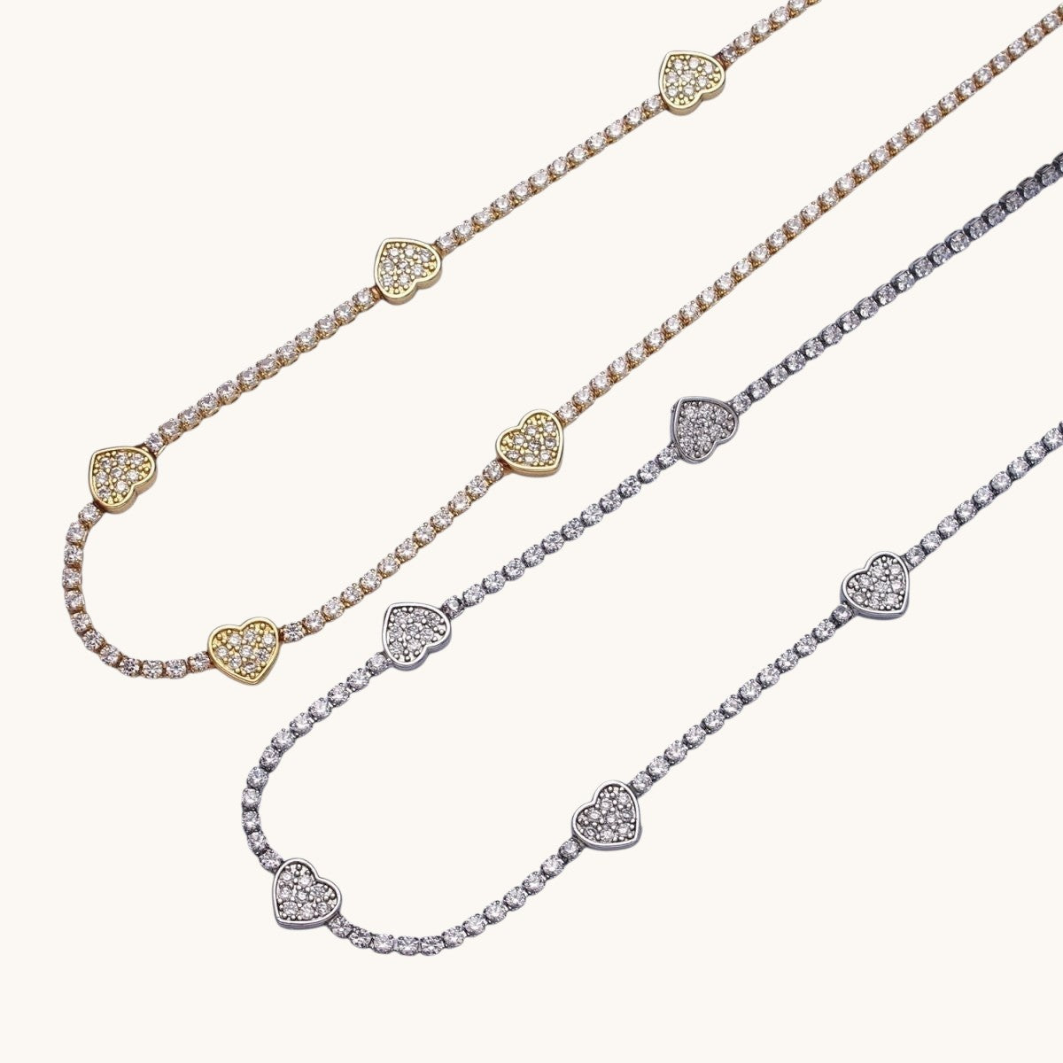 Gorgeous 24k Gold Filled Heart Tennis Chain 14 Inch Choker Necklace in Gold & Silver