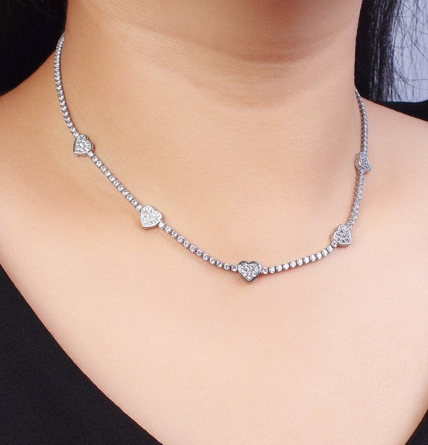 Gorgeous 24k Gold Filled Heart Tennis Chain 14 Inch Choker Necklace in Gold & Silver