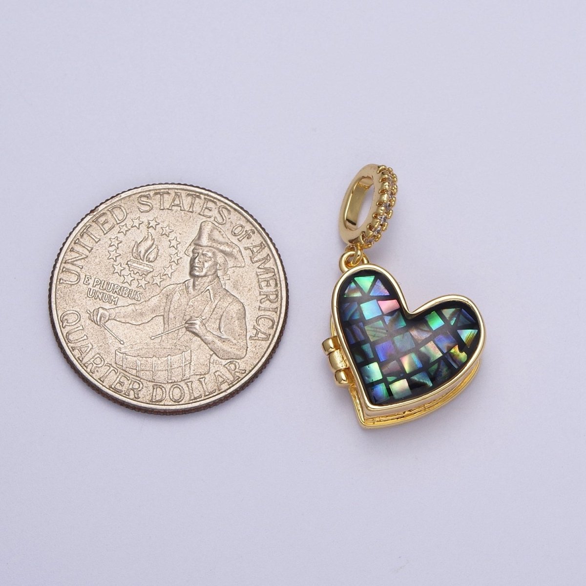 24K Gold-Filled 28mm Marian Cross Black, Blue, White, Green Shell Opal Heart Locket Pendant