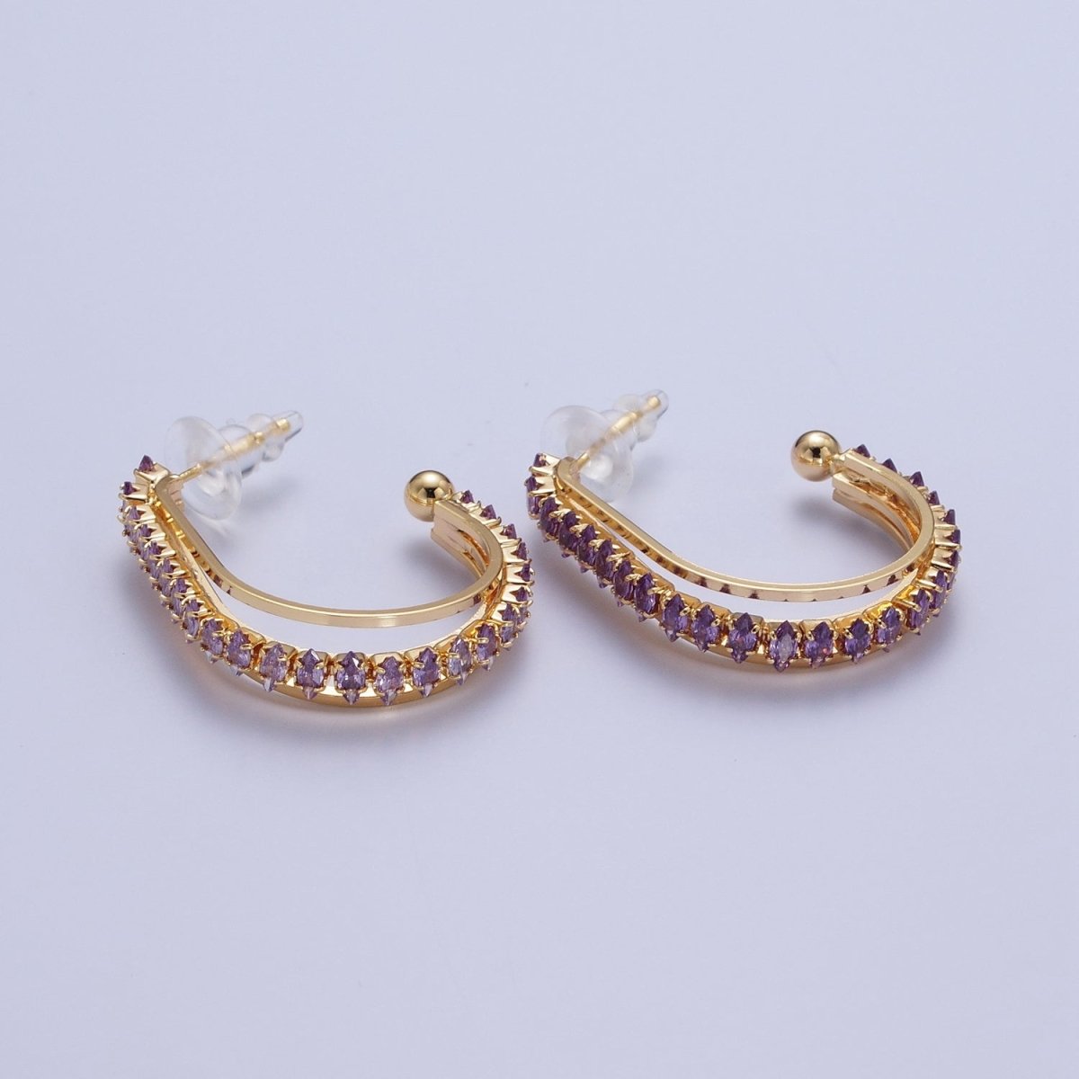 24K Gold Filled Marquise Cubic Zirconia Multiple Band J-Hoop Stud Earrings