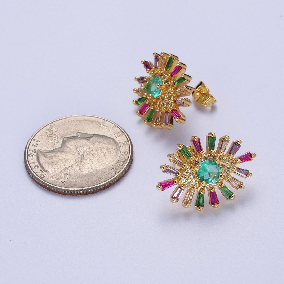 24K Gold Filled Micro Pave Eye of Ra Multicolor Baguette Cubic Zirconia Protection Stud Earrings
