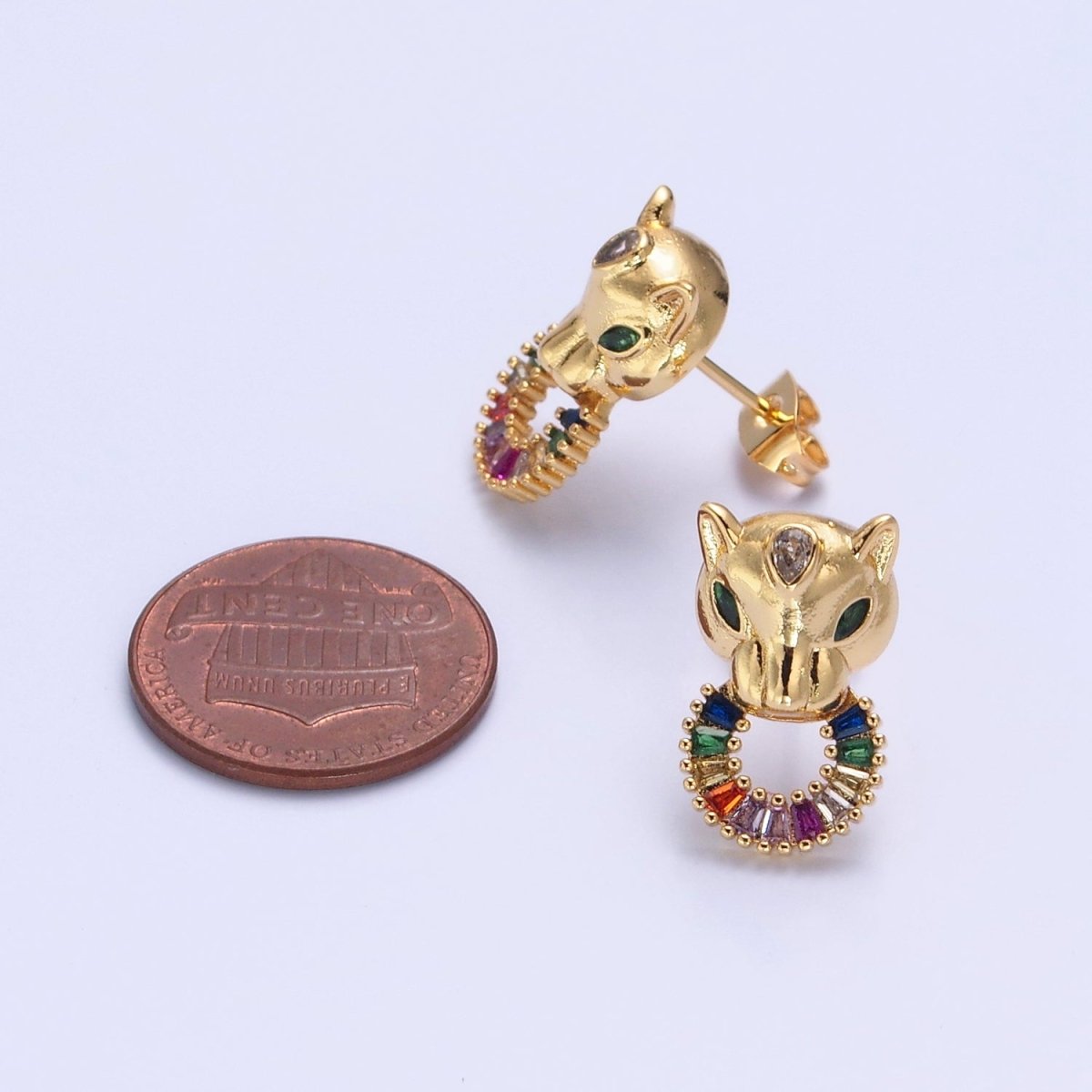 24K Gold Filled Panther Stud Earrings with Multicolor Baguette CZ Cubic Zirconia